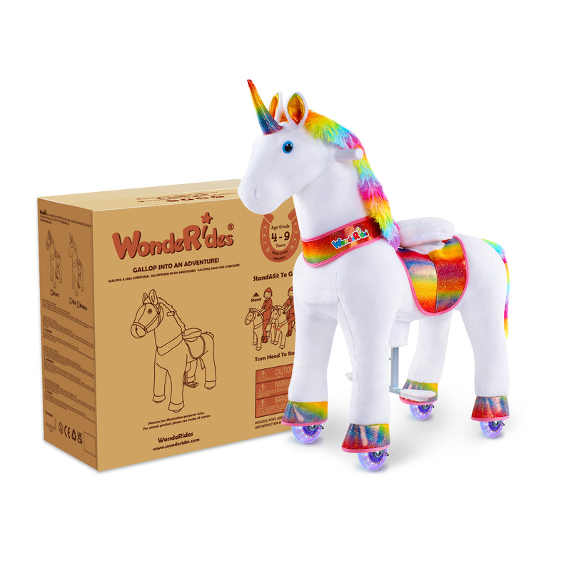 WondeRides Official Ride on Rainbow Unicorn Toys with Glowing Wheels, Rocking Riding Horse Pony Toy Size 4 for Kids 4-9 Years Old M432-2 Minimal Use